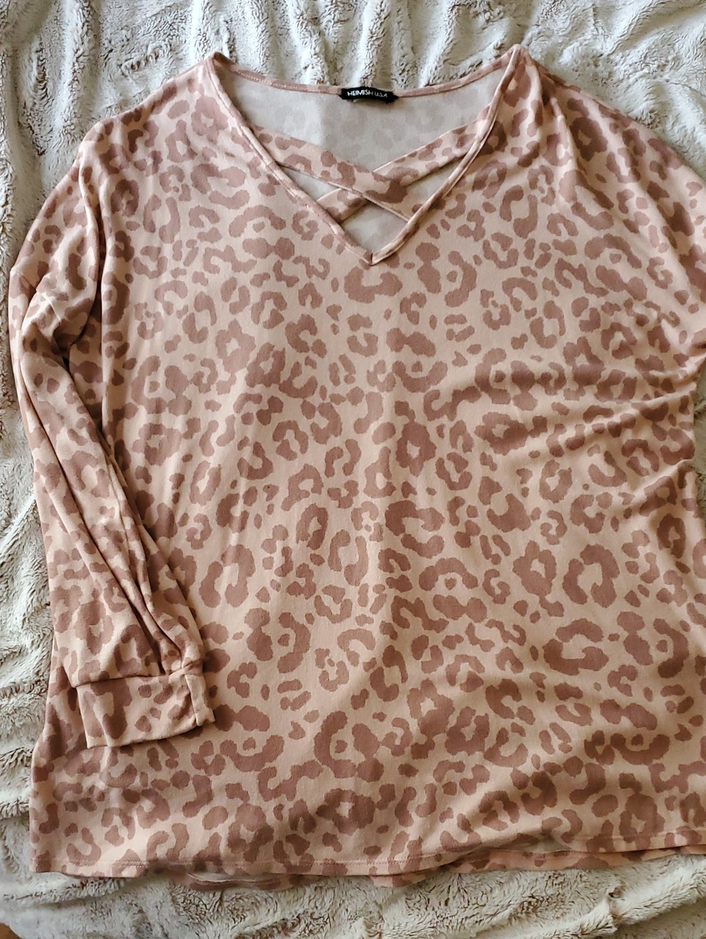 Blush Pink Leopard Print Long Sleeve V-Neck Top with Crisscross
